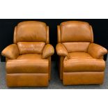 A pair of tan leather armchairs, by Sherbourne, one a manual recliner chair, (2).