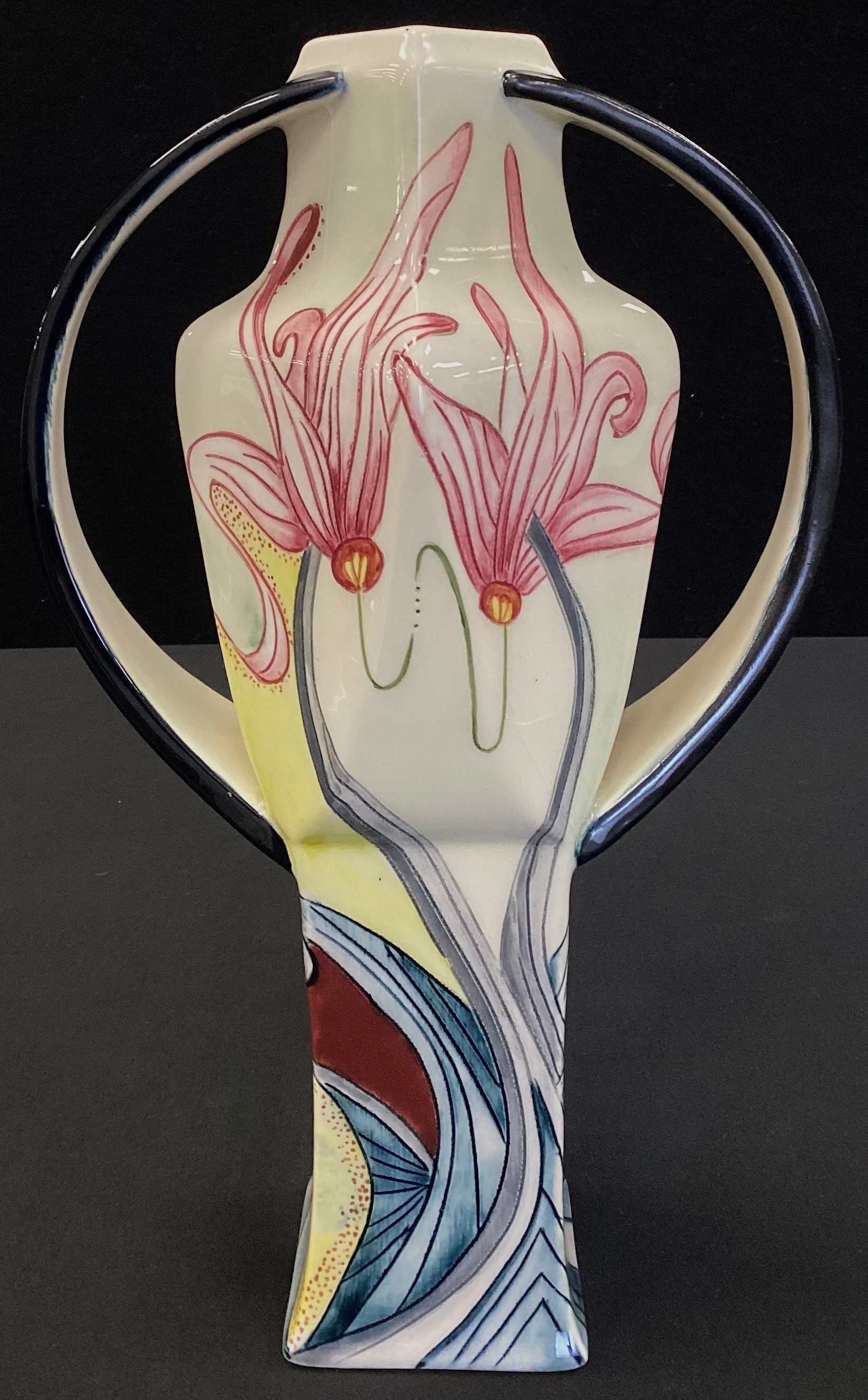 A Black Ryden pottery Dancing Wind pattern twin handled vase, impressed marks, 27cm high