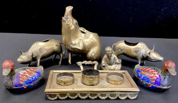 Boxes and Objects - a Chinese bronze animal form censer; a pair of cloisonné boxes, as ducks; a