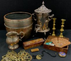 Boxes and objects - a pair of brass candlesticks, 19cm high, Platows Patent silver plated samovar,