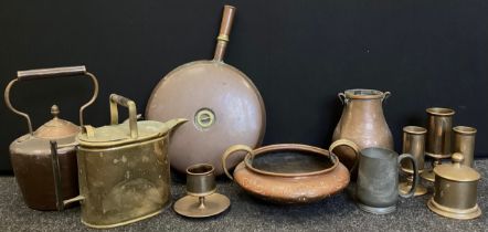 A set of bronze cylinders inc match striker, spill vases, etc Arts And Craft hammered vessel,