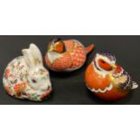 Royal Crown Derby paperweights including; Pheasant, Robin, Meadow Rabbit, mostly gold stoppers (3)