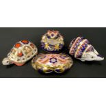 Royal Crown Derby paperweights including; Tortoise, Hedgehog, Crab and Frog, all gold stoppers (4)