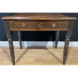 A Victorian style writing table, turned legs, 91cm wide