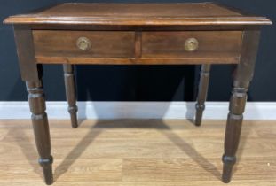 A Victorian style writing table, turned legs, 91cm wide