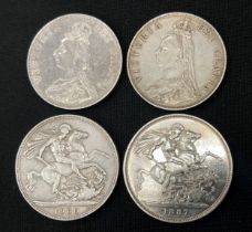 Coins - a Victorian silver crown 1887, another 1900; double Florins 1887, 1890, 101.3g (4)