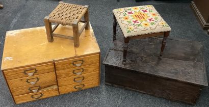 A 19th century rectangular trunk or tool chest, hinged lid, 33cm x 84cm x 53cm; an industrial pine