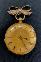 A continental 18ct gold cased fob watch, gilt floral dial, Roman numerals, key wind Swiss