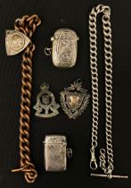 Silver - a graduated link silver Albert chain, two vesta cases etc, 72.5g; copper bracelet etc