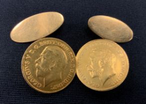 A pair of 1912 half sovereign cufflinks, welded chains and oval yellow metal returns, 12.9g gross