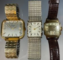 Gruen Veri-thin rolled gold and stainless steel wristwatch, curved rectangular dial, raided Arabic