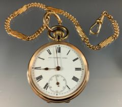 A 9ct gold cased open face pocket watch, white enamel dial, bold Roman numerals, subsidiary seconds,