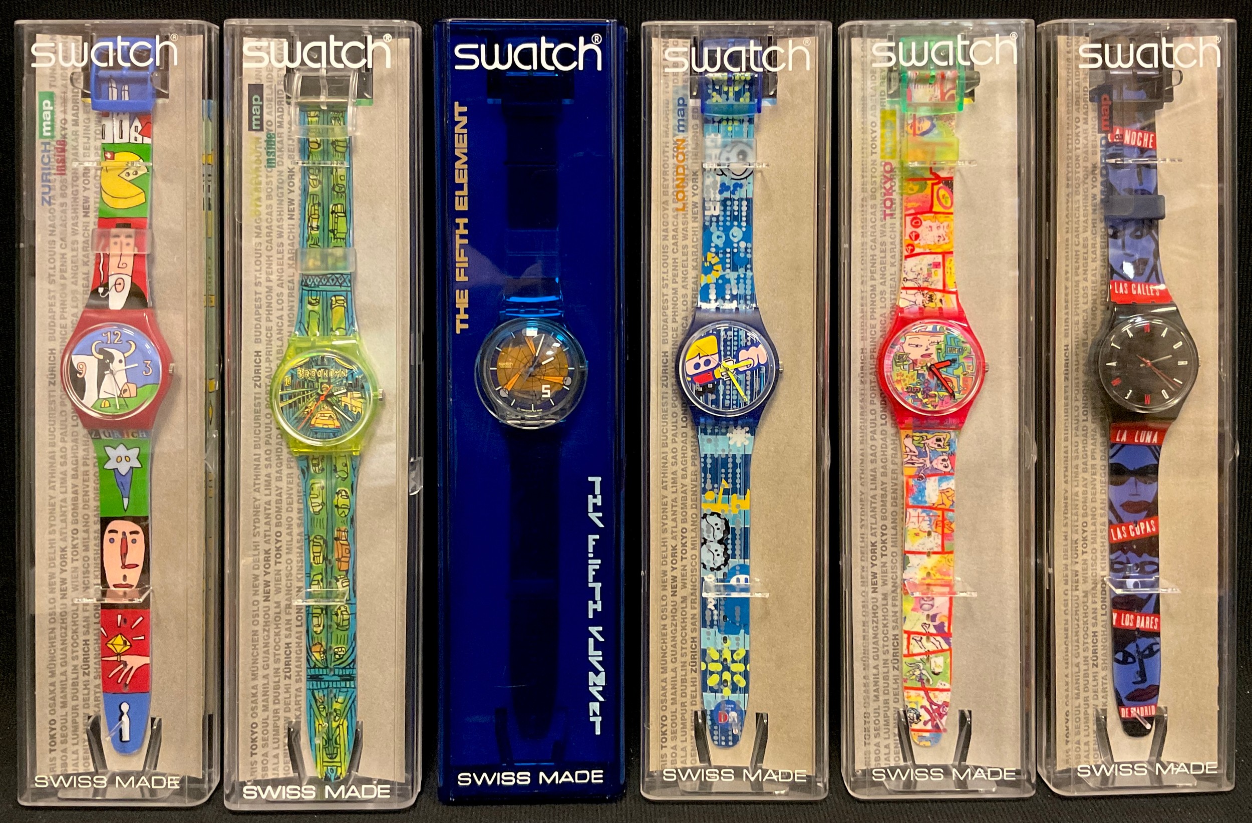 A collection of six Winter 1997 issue Swatch wristwatches - Cannes 1997 GK260 Element, 1000 Years,