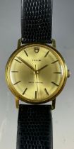 Tudor Rolex - a gold plated mechanical wristwatch, brushed gilt dial, block baton markers, centre