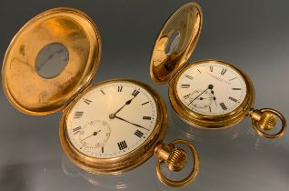 A Dennison Star gold plated half hunter cased pocket watch, white enamel dial, bold Roman