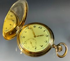 A 14ct gold hunter cased pocket watch, cream dial, Arabic numerals, subsidiary seconds, stem wind