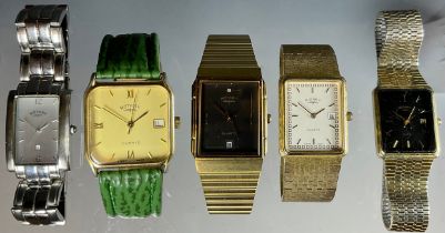 Rotary - a gold plated dress wristwatch, black dial, date aperture, centre seconds, quartz movement,