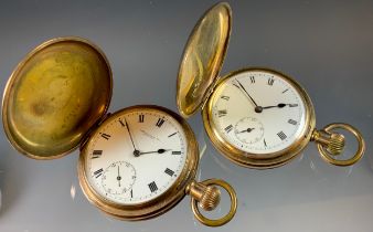 A Swiss gold plated full hunter cased pocket watch, white enamel dial, bold Roman numerals,