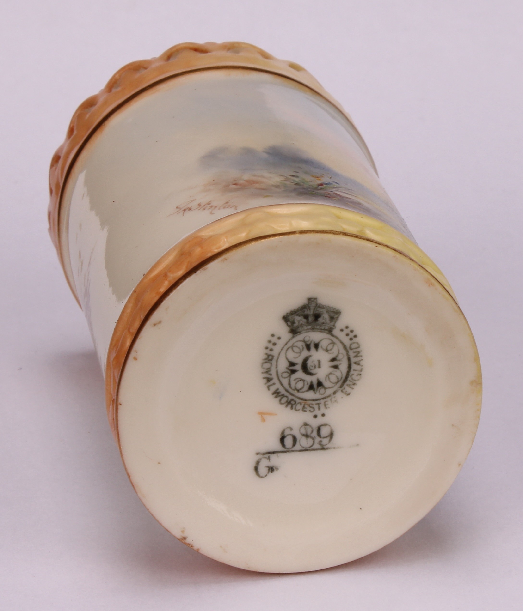 A Royal Worcester cylindrical vase, painted by Jas Stinton, signed, with pheasant in a landscape, - Image 7 of 7