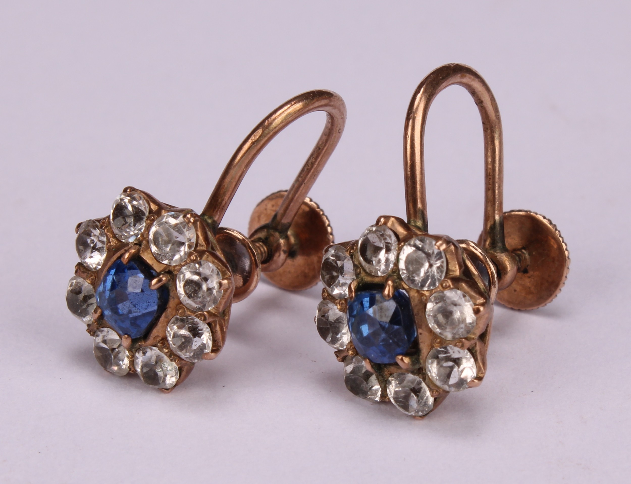 A pair of 19th century paste sapphire and diamond effect cluster earrings, rose and white mental - Image 4 of 5