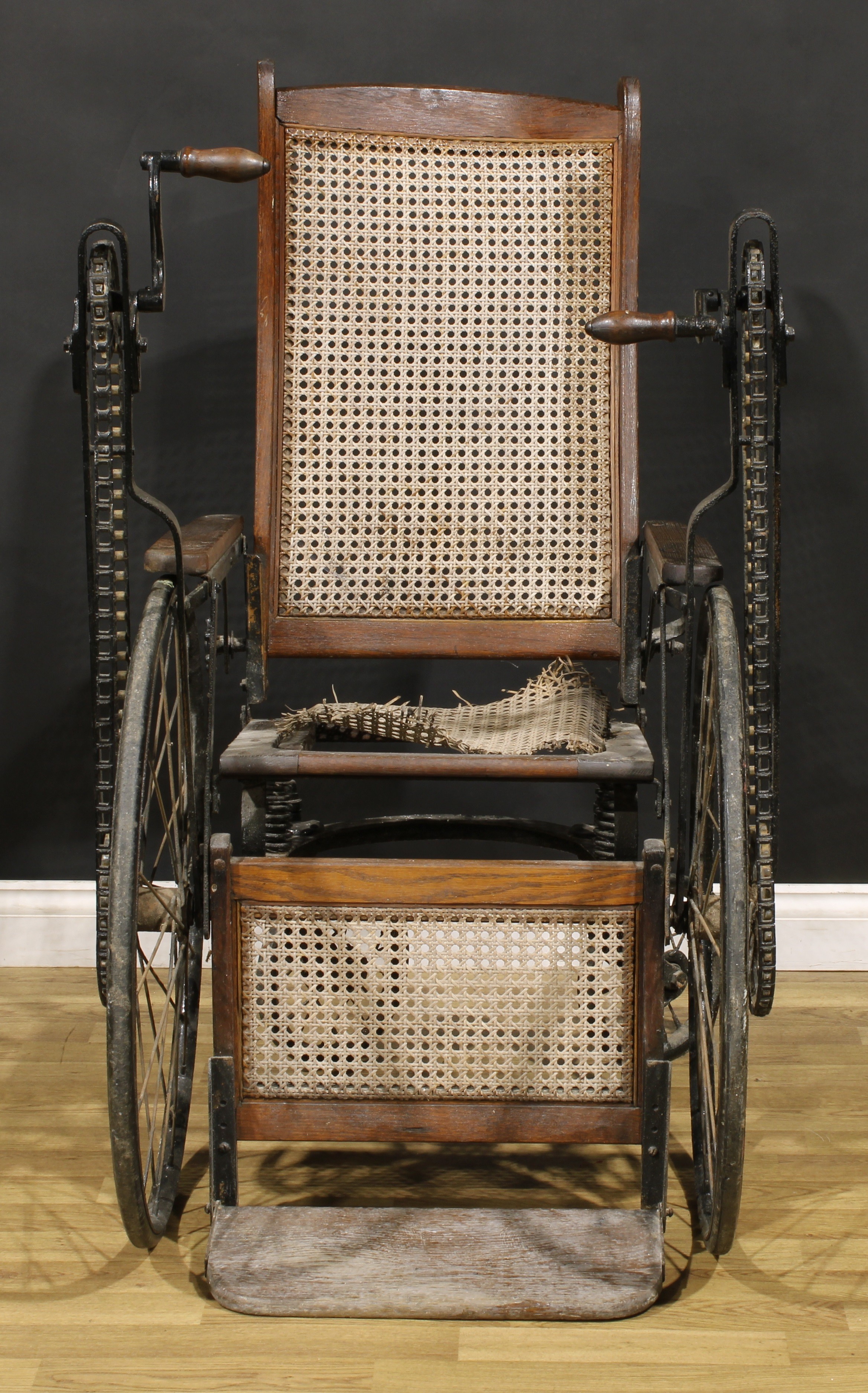 An early to mid-20th century American oak hand-crank wheelchair, by Gendron Wheel Company, - Image 3 of 5