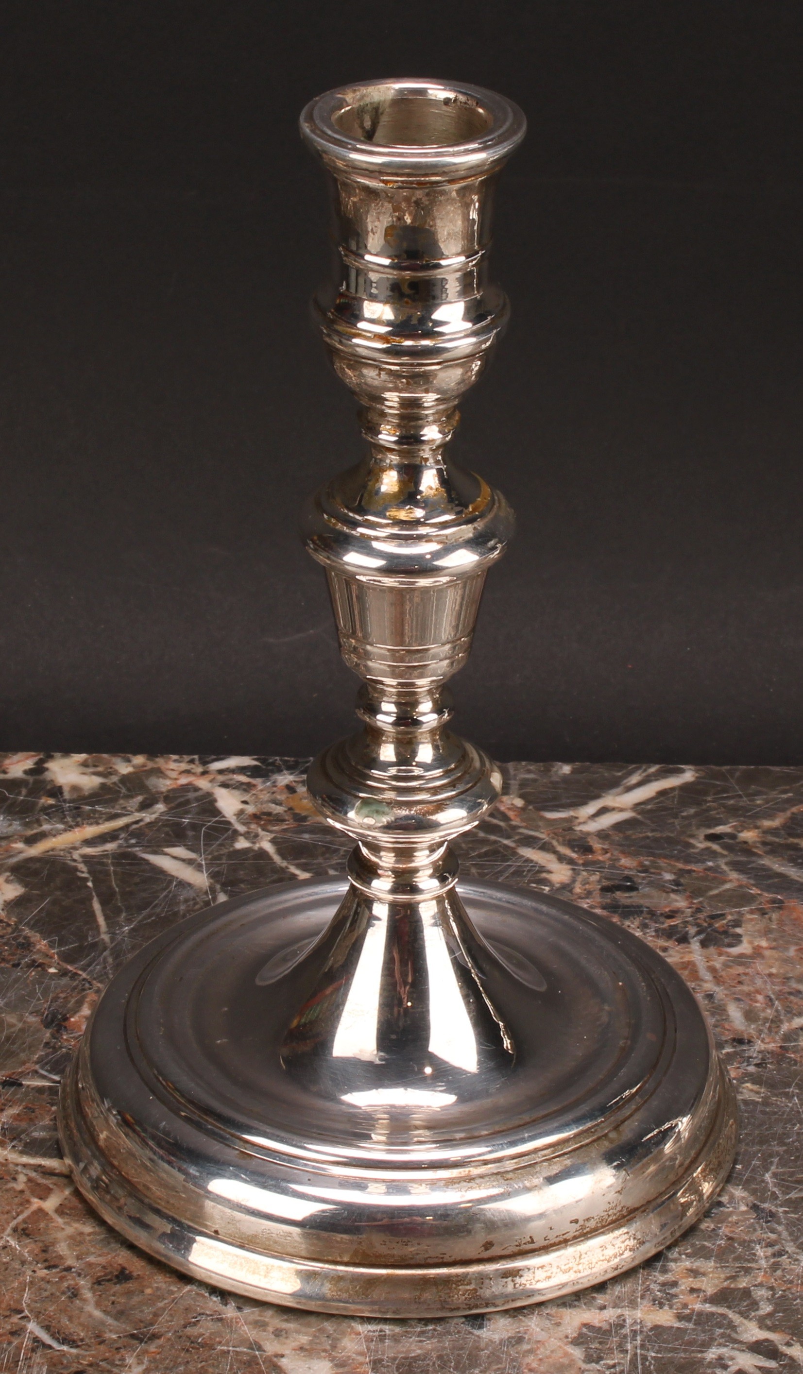 A pair of George I style silver table candlesticks, knopped pillars, dished bases, loaded, 18.5cm - Image 3 of 6