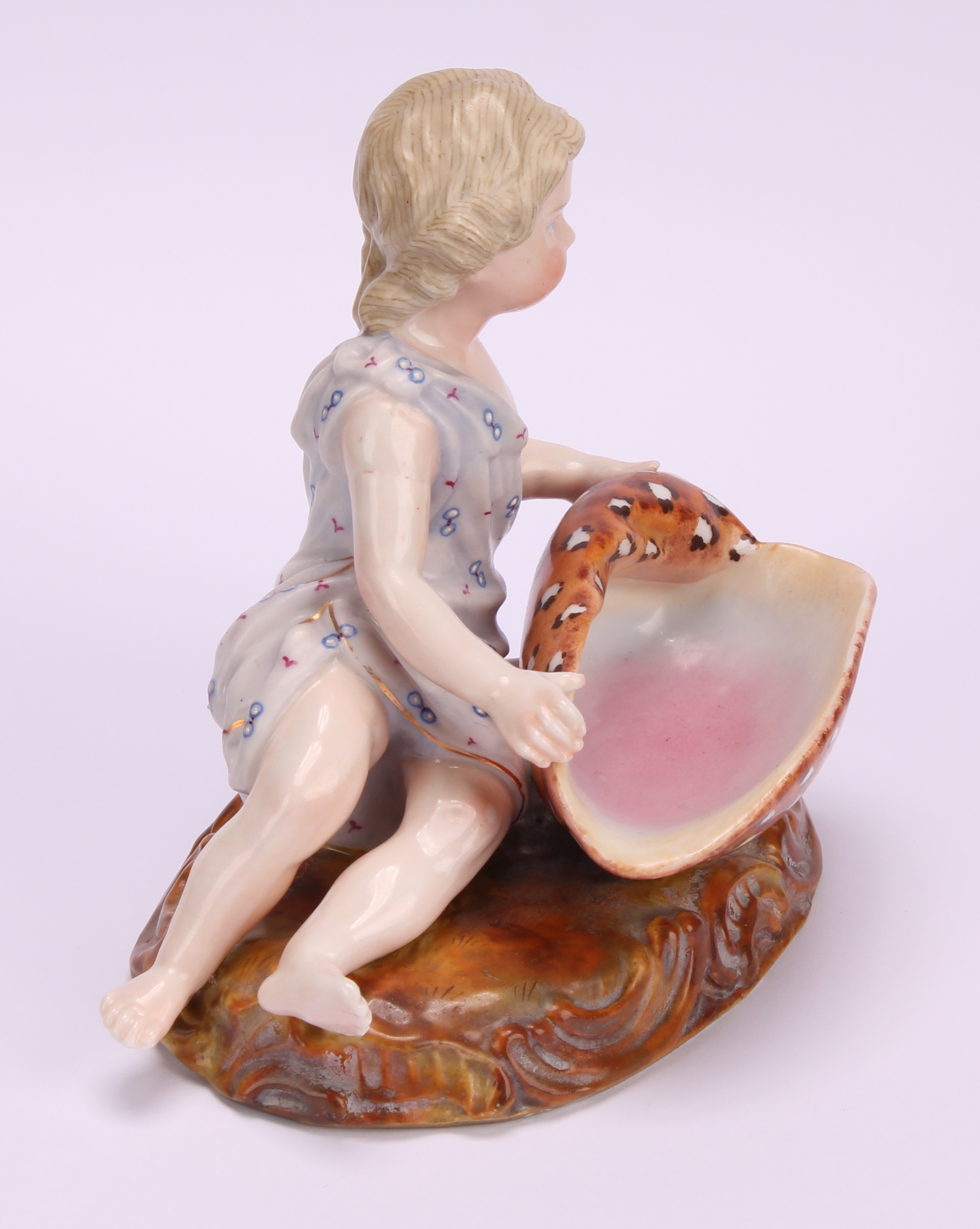 A pair of 19th century Sitzendorf figural table salts, of children holding seashells, decorated in - Image 4 of 10