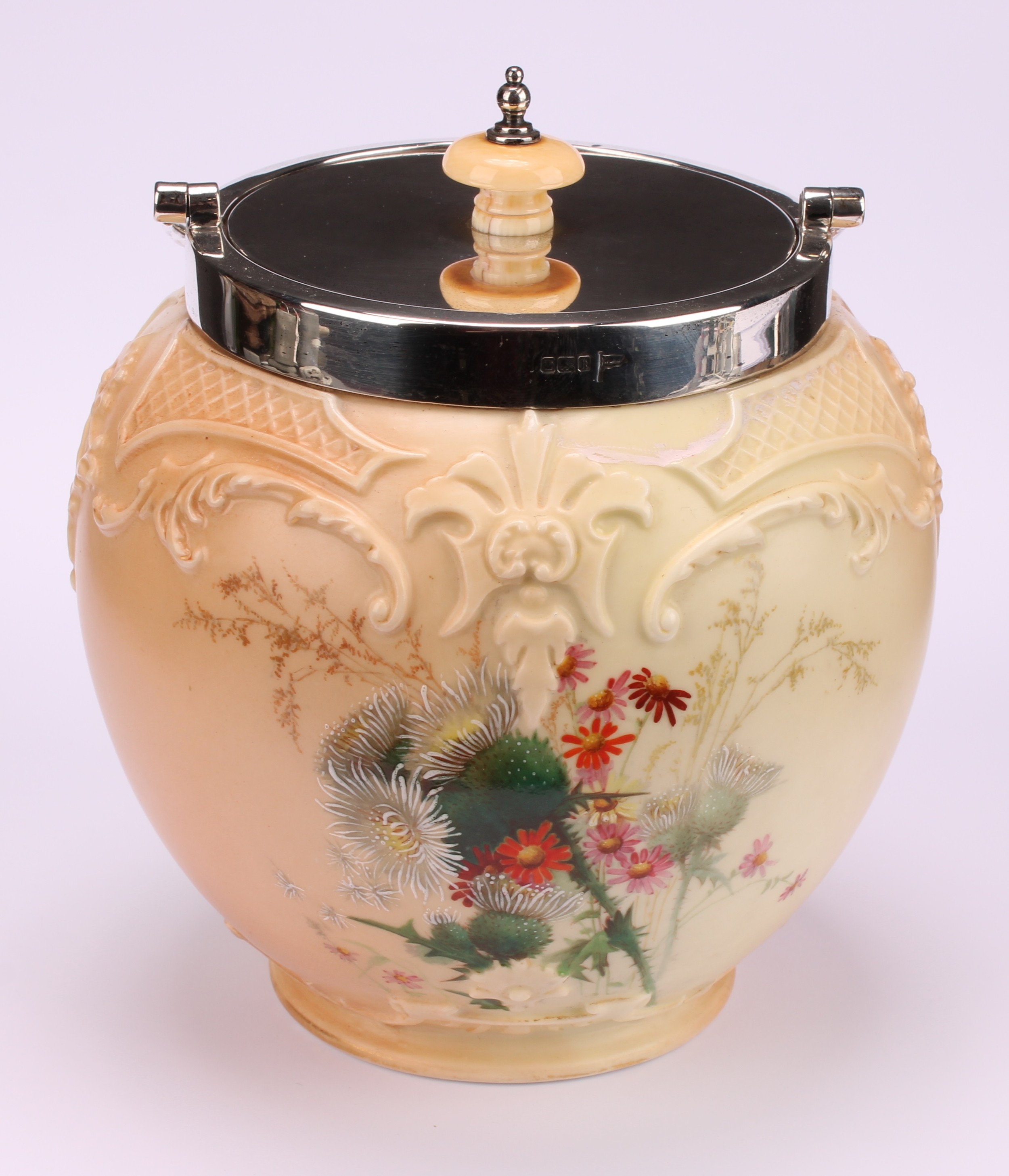 A Royal Worcester Hadley silver mounted ovoid biscuit barrel, moulded in relief and decorated in - Image 4 of 6