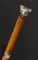 A Victorian silver mounted novelty walking stick, by Brigg, the handle as the head of a cat, with