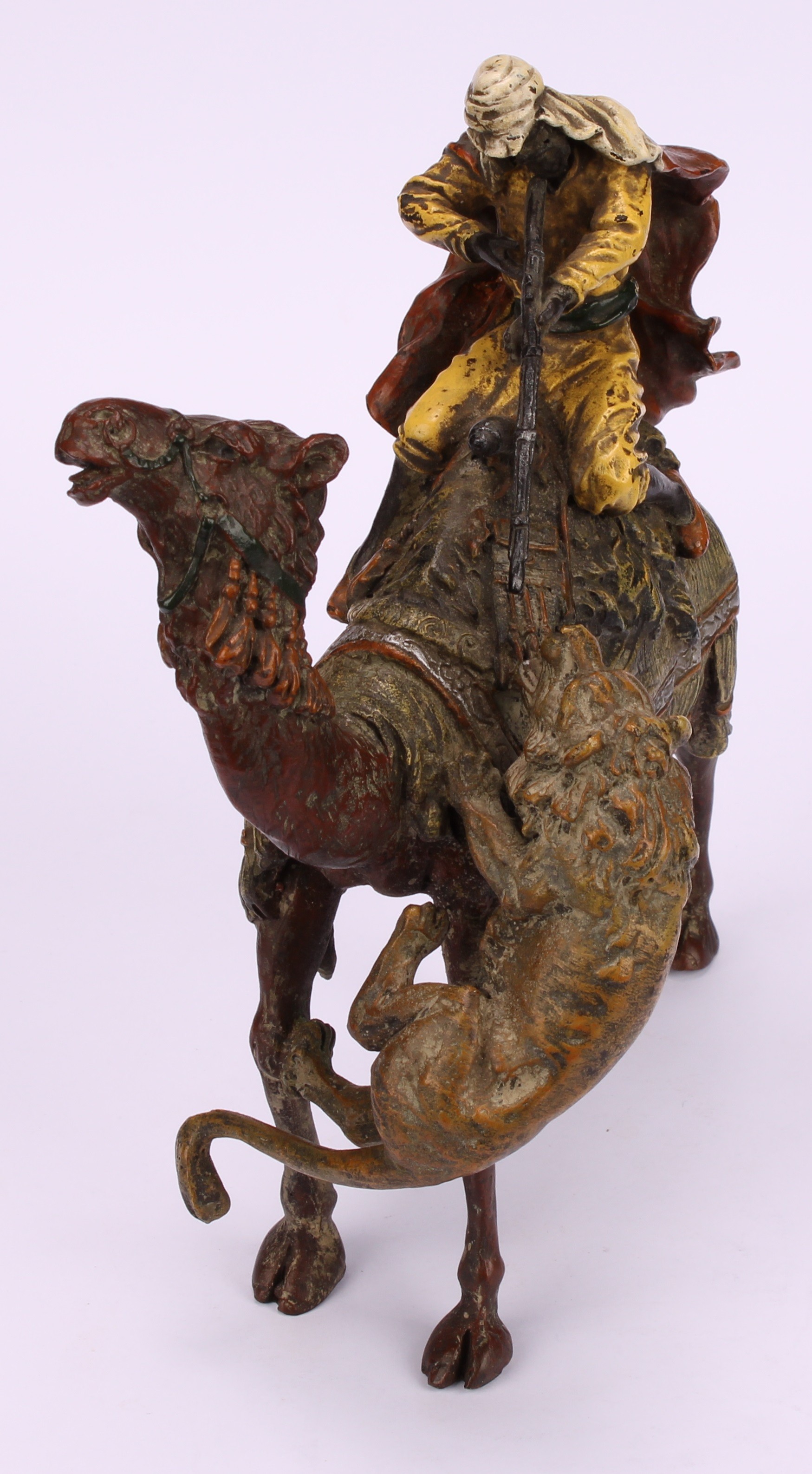 An Austrian cold painted bronze, in the manner of Bergman, of an Arab warrior on a camel, under - Image 3 of 5