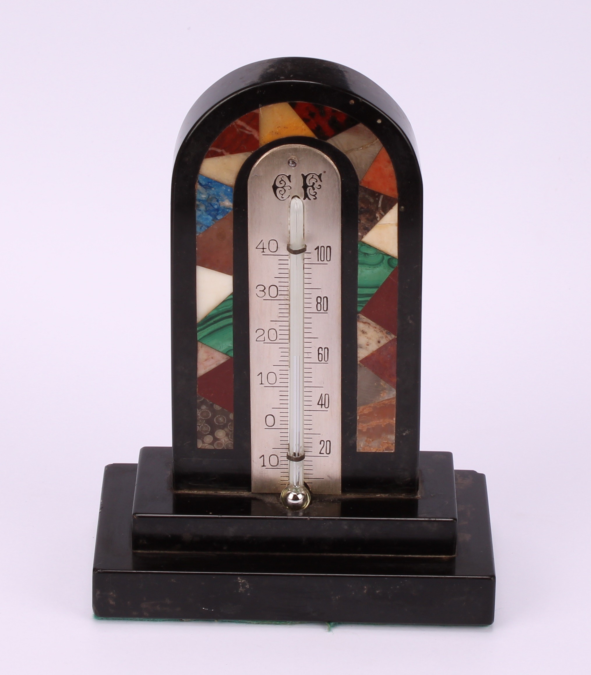 A Derbyshire Ashford black marble table-top thermometer, inlaid with malachite, lapis lazuli and - Image 2 of 3