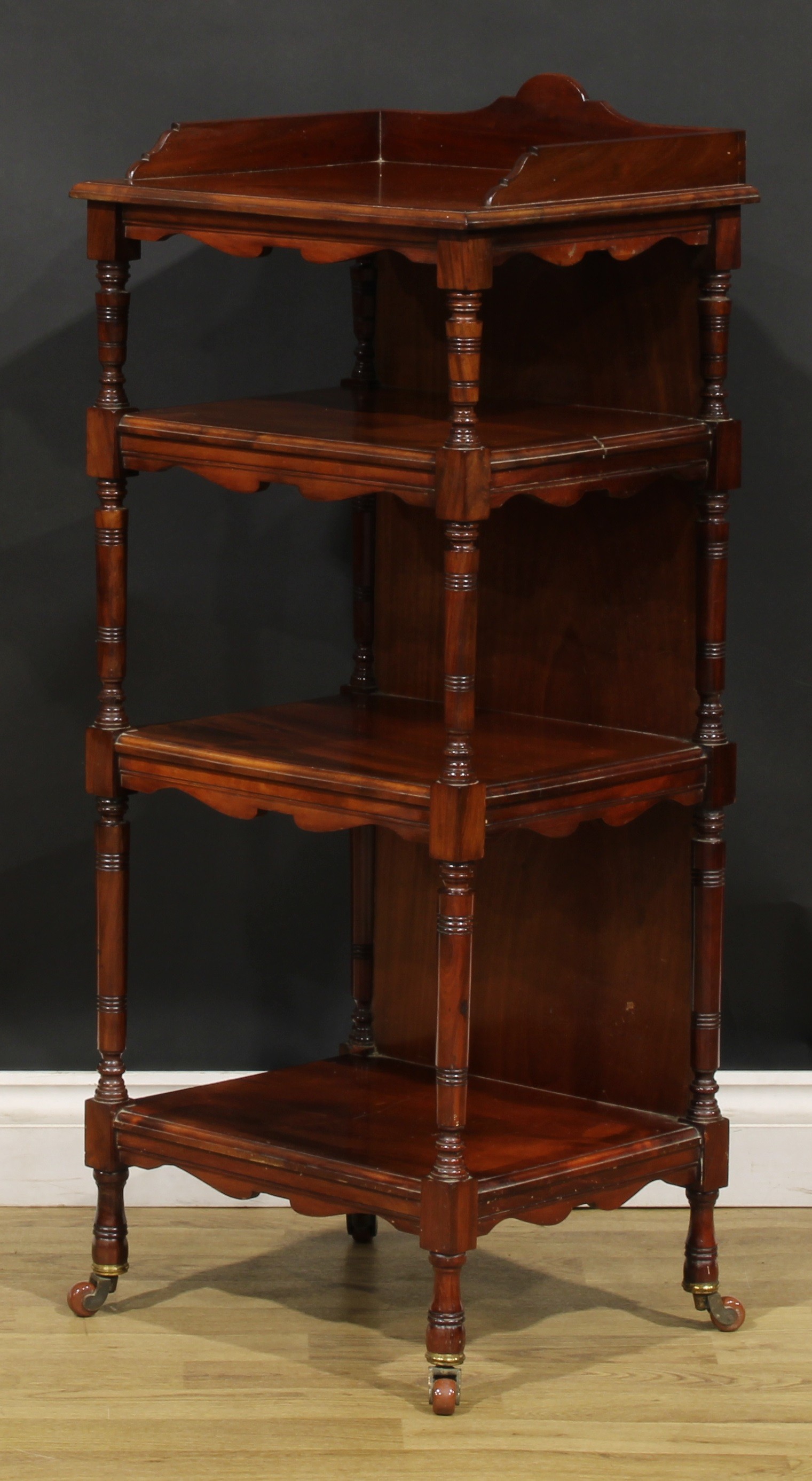A late Victorian walnut four-tier whatnot, shaped three-quarter gallery, ring-turned supports, - Image 4 of 5