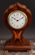 An Edwardian mahogany and marquetry mantel clock, 8.5cm circular enamel dial inscribed EXMD BY F.G.