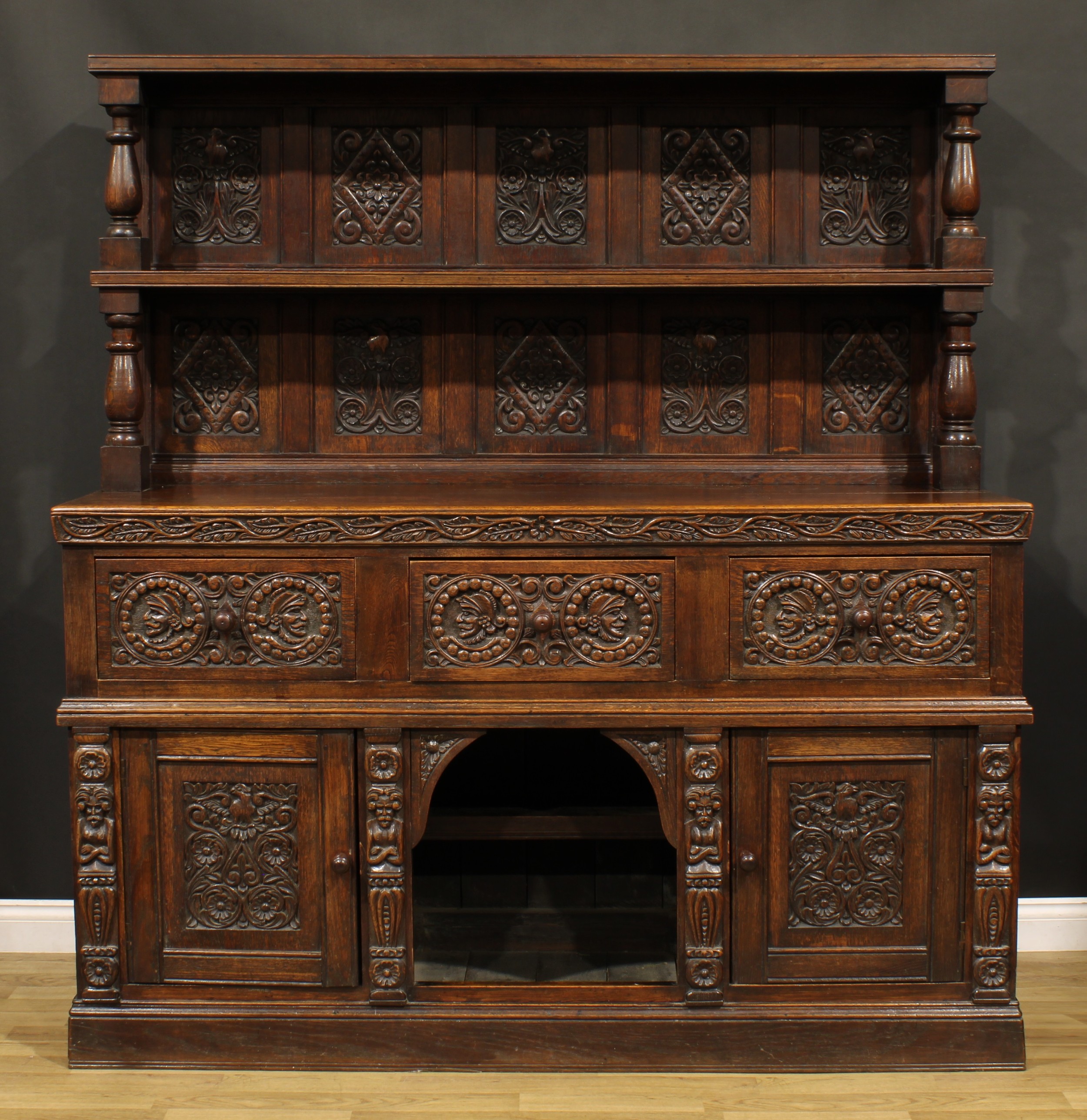 A 17th century style oak country house buffet side cabinet, panelled back with rectangular shelf, - Image 2 of 2