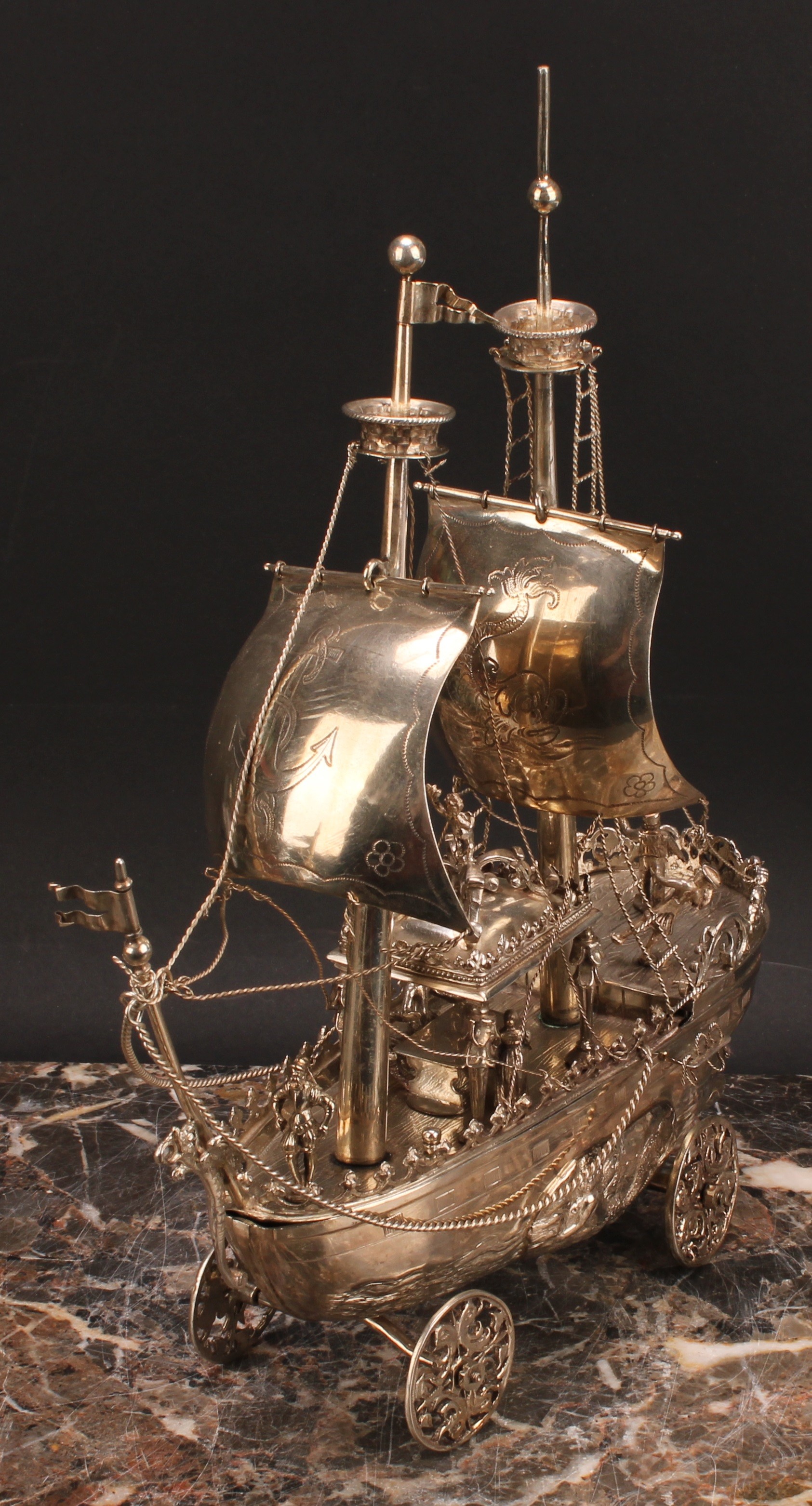 A late 19th century Dutch silver nef, typically modelled as a two-masted ship, with billowing - Image 3 of 5
