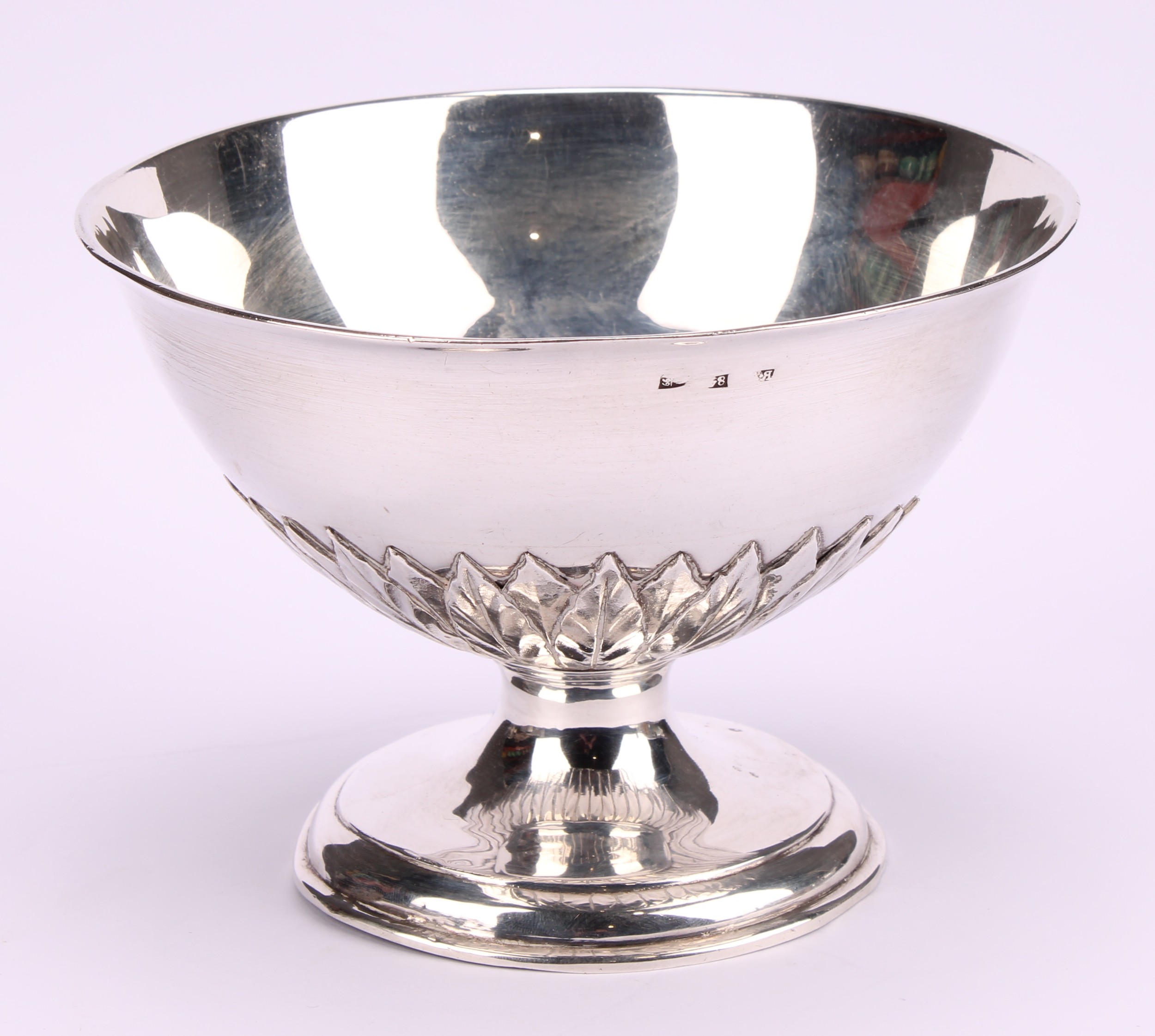 A 19th century silver pedestal bowl, leafy cut-card socle, domed circular base, 15.5cm diam, - Image 3 of 4