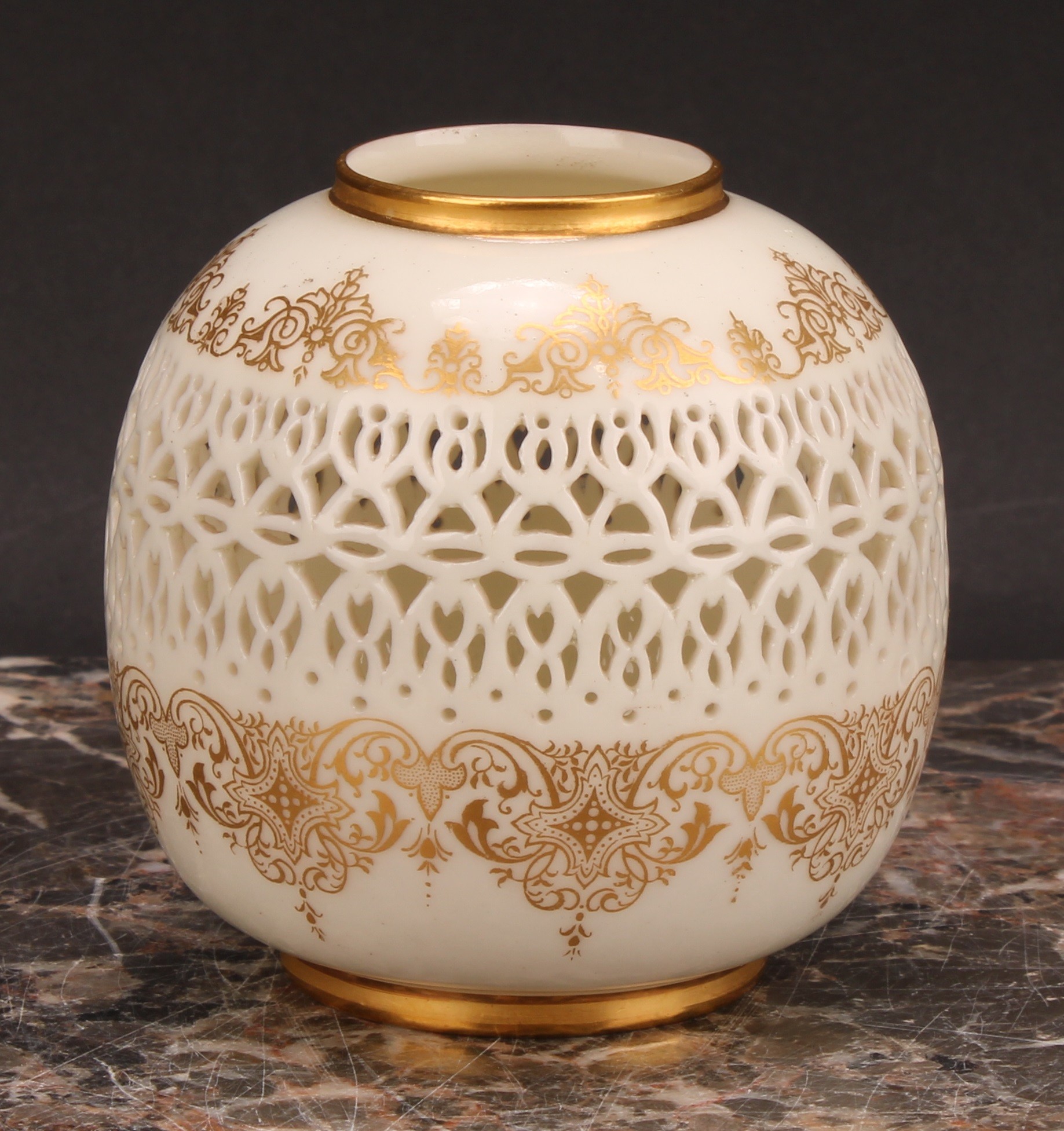 A Royal Worcester ovoid reticulated vase, by George Owen, outlined with gilt bands of scrolls and - Image 4 of 6