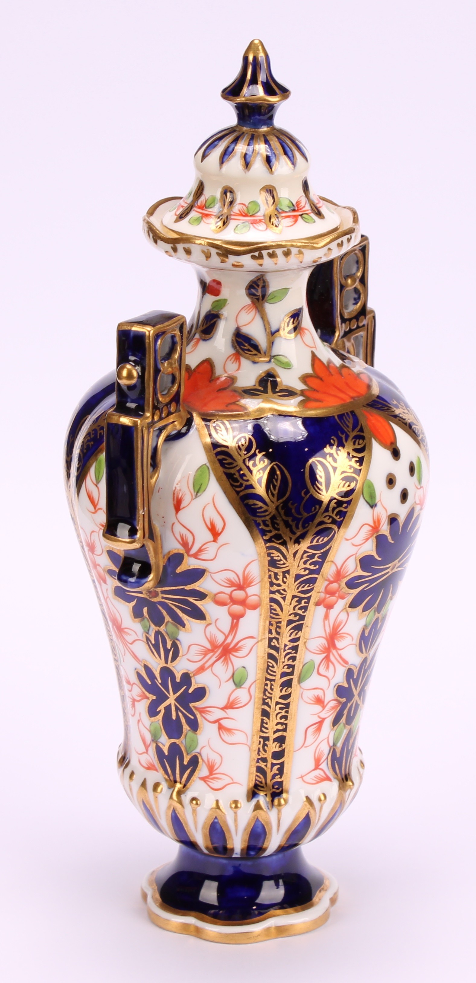 A Royal Crown Derby Imari elongated ogee shaped two-handled vase and cover, Japanesque angular - Image 7 of 9