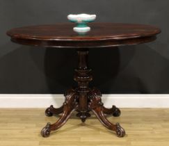 A Victorian rosewood centre table, oval top with moulded edge, turned column, cabriole legs carved