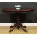 A Victorian rosewood centre table, oval top with moulded edge, turned column, cabriole legs carved