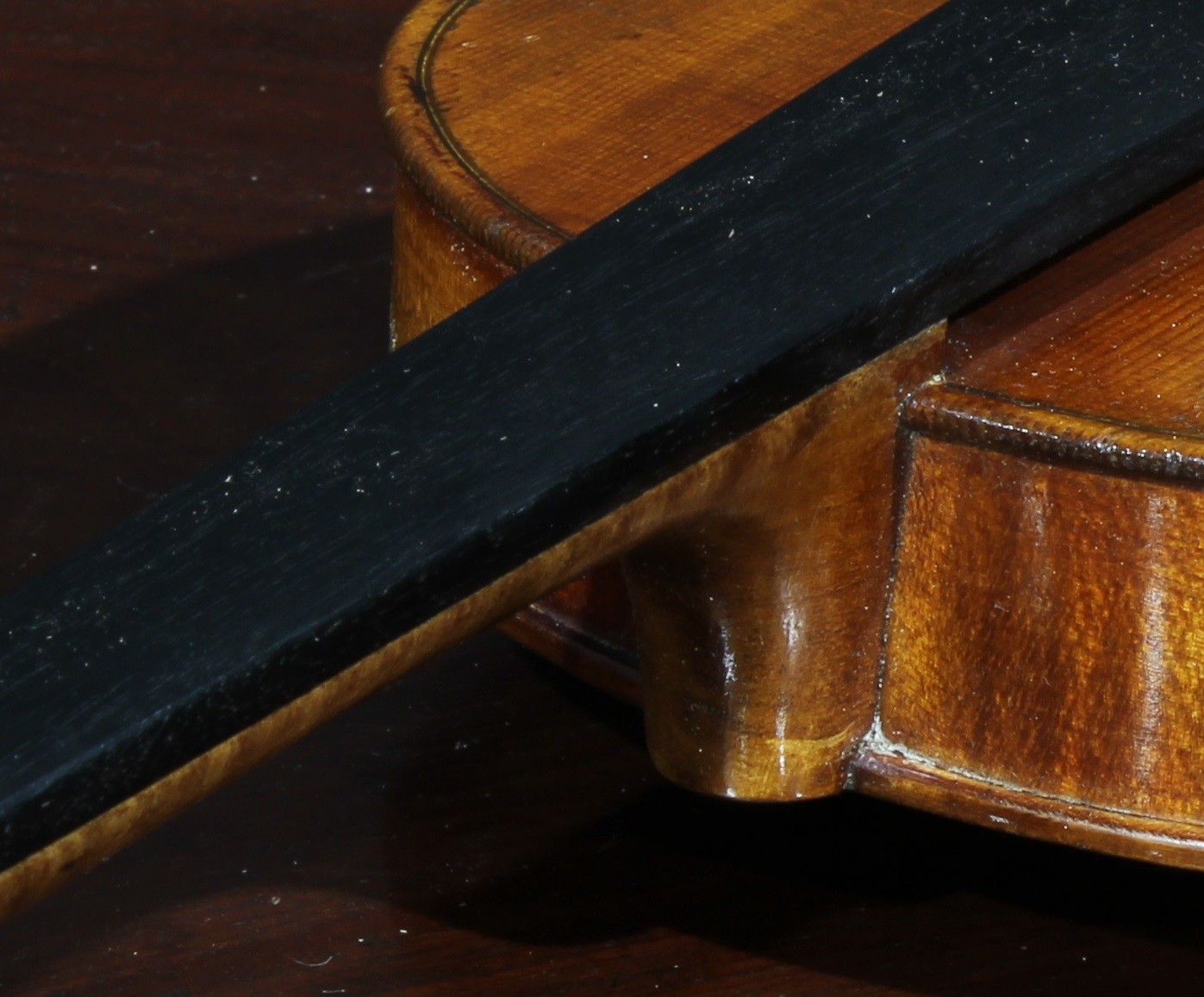 A violin, the one-piece back 36cm long excluding button, ebonised tuning pegs, outlined with - Image 4 of 10