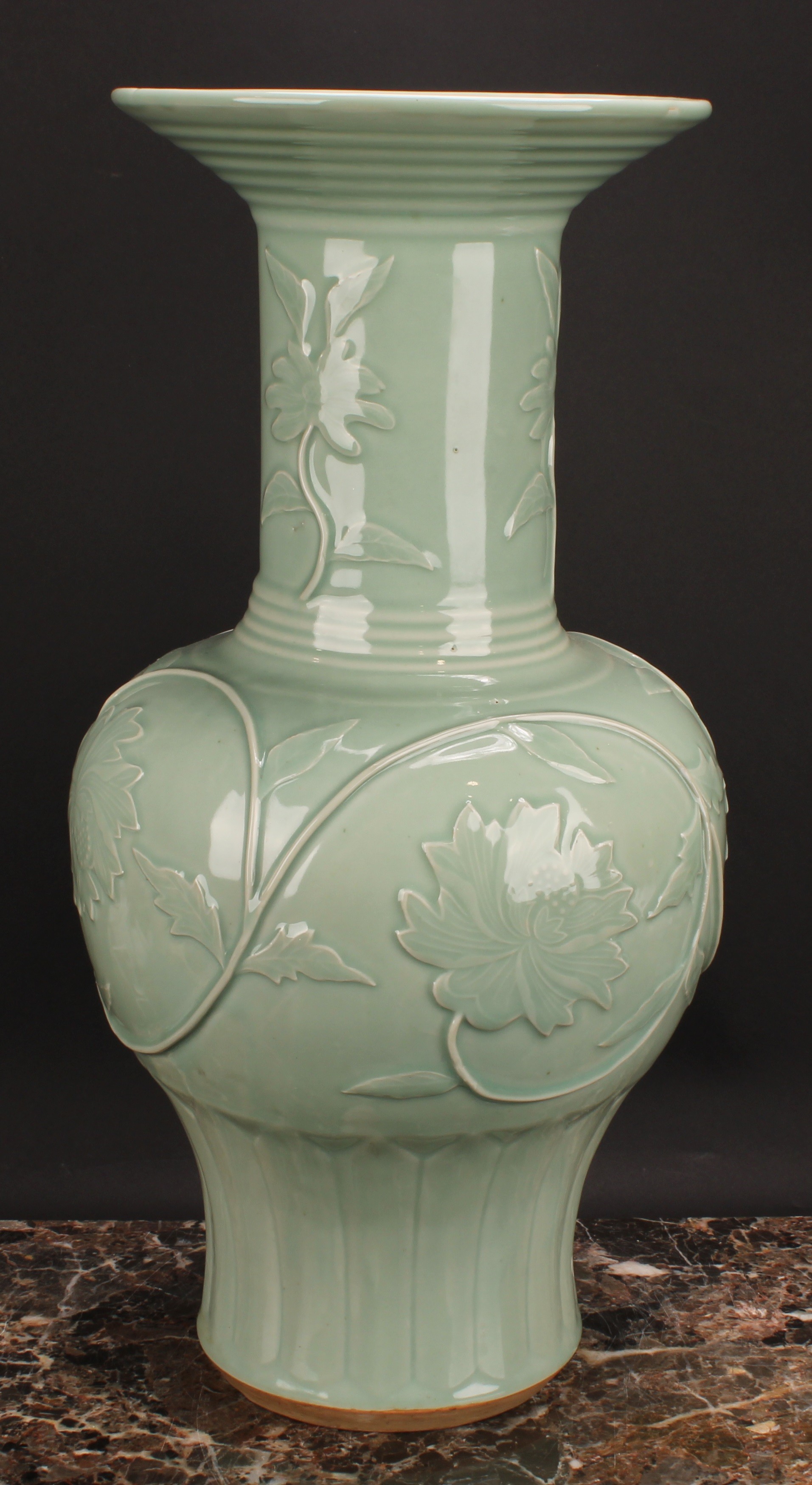 A large Chinese celadon baluster vase, moulded with lotus, 53cm high, seal mark, hardwood stand - Image 4 of 5