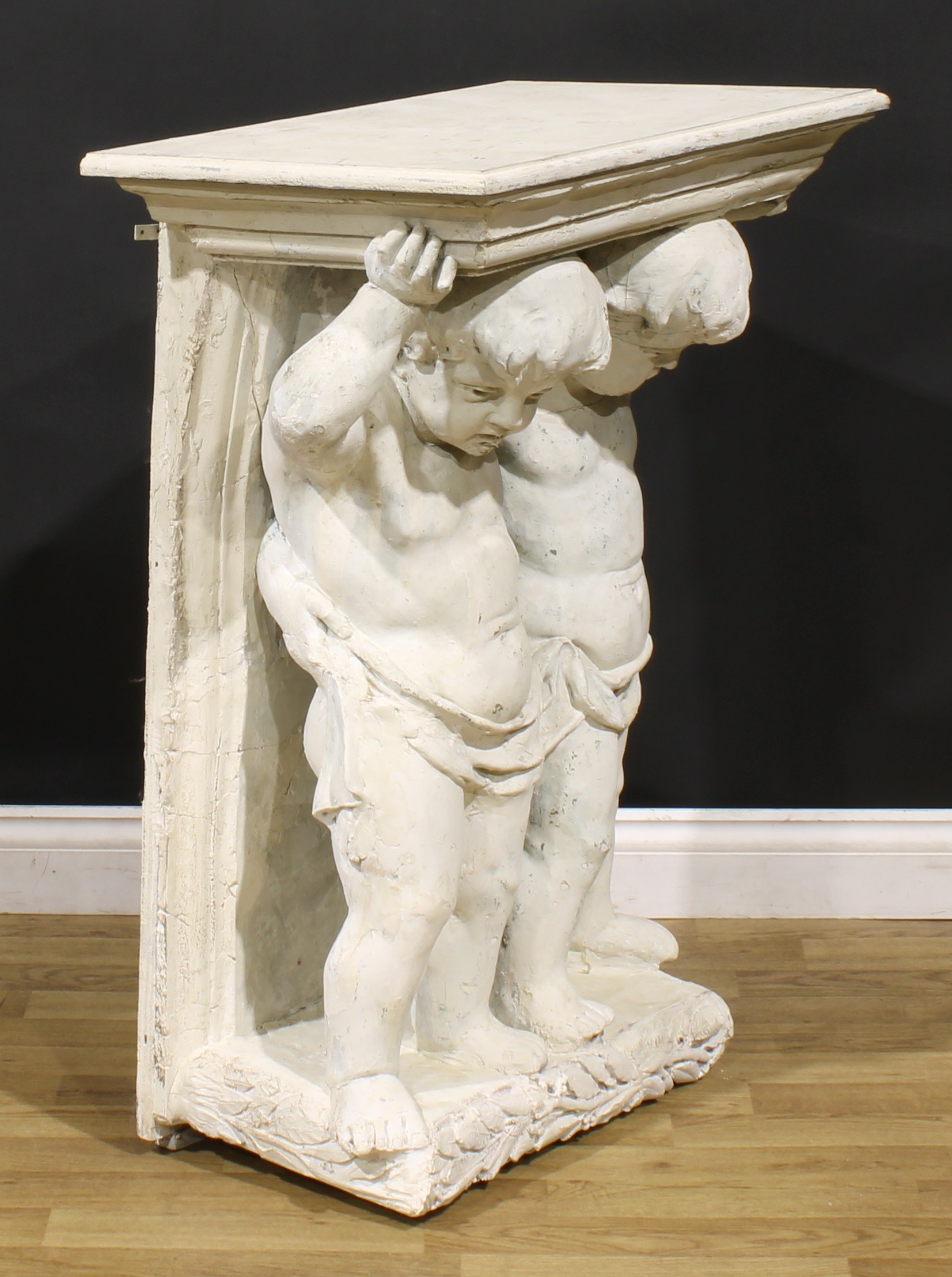 A neoclassical painted plaster and softwood figural pier table, rectangular plateau with moulded - Image 3 of 4