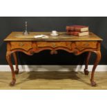 A 19th century Continental walnut and marquetry bureau plat, rectangular top with inset tooled and