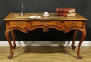 A 19th century Continental walnut and marquetry bureau plat, rectangular top with inset tooled and