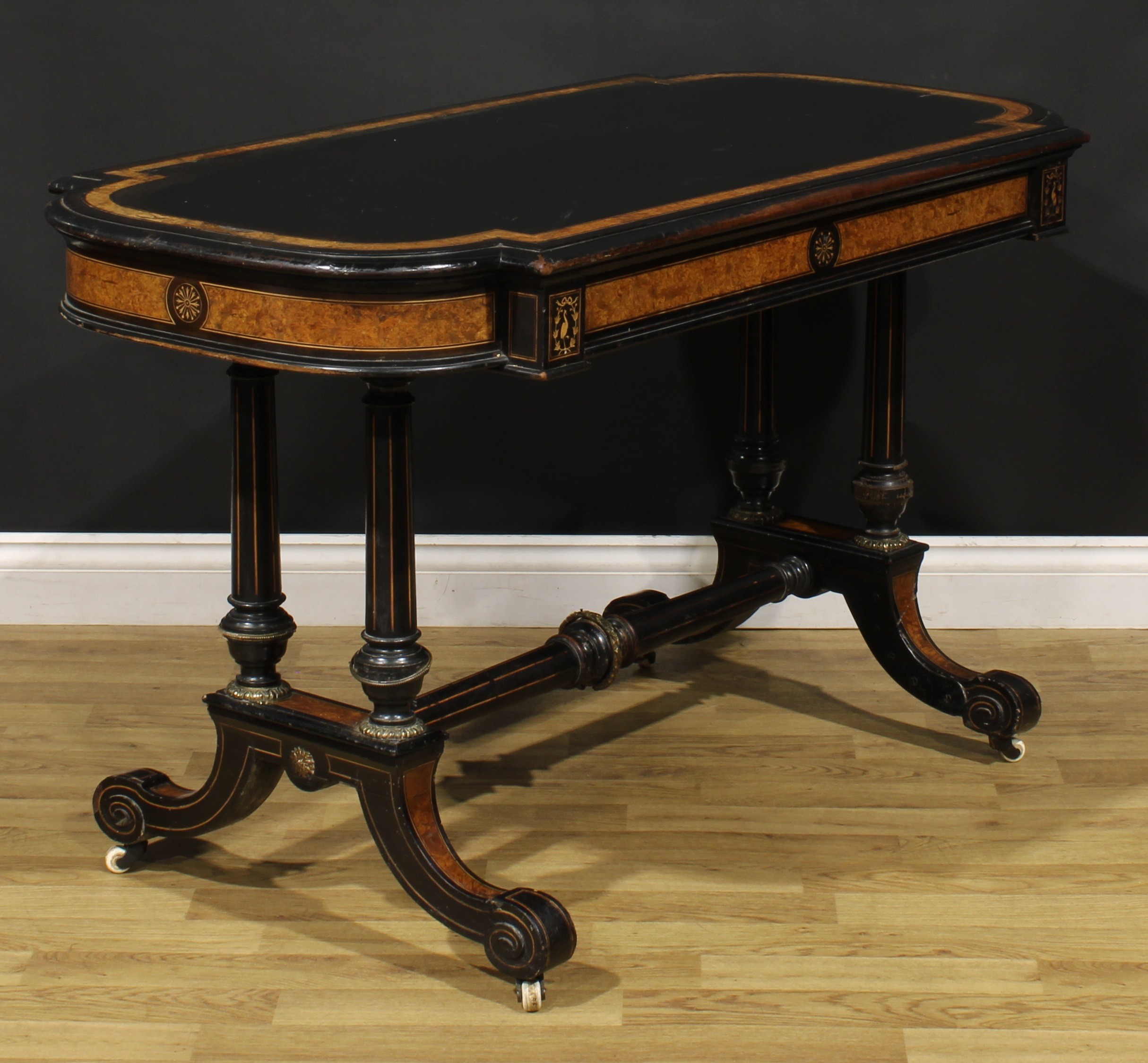 A Victorian amboyna banded ebonised library table, slightly oversailing top with moulded edge - Image 3 of 6