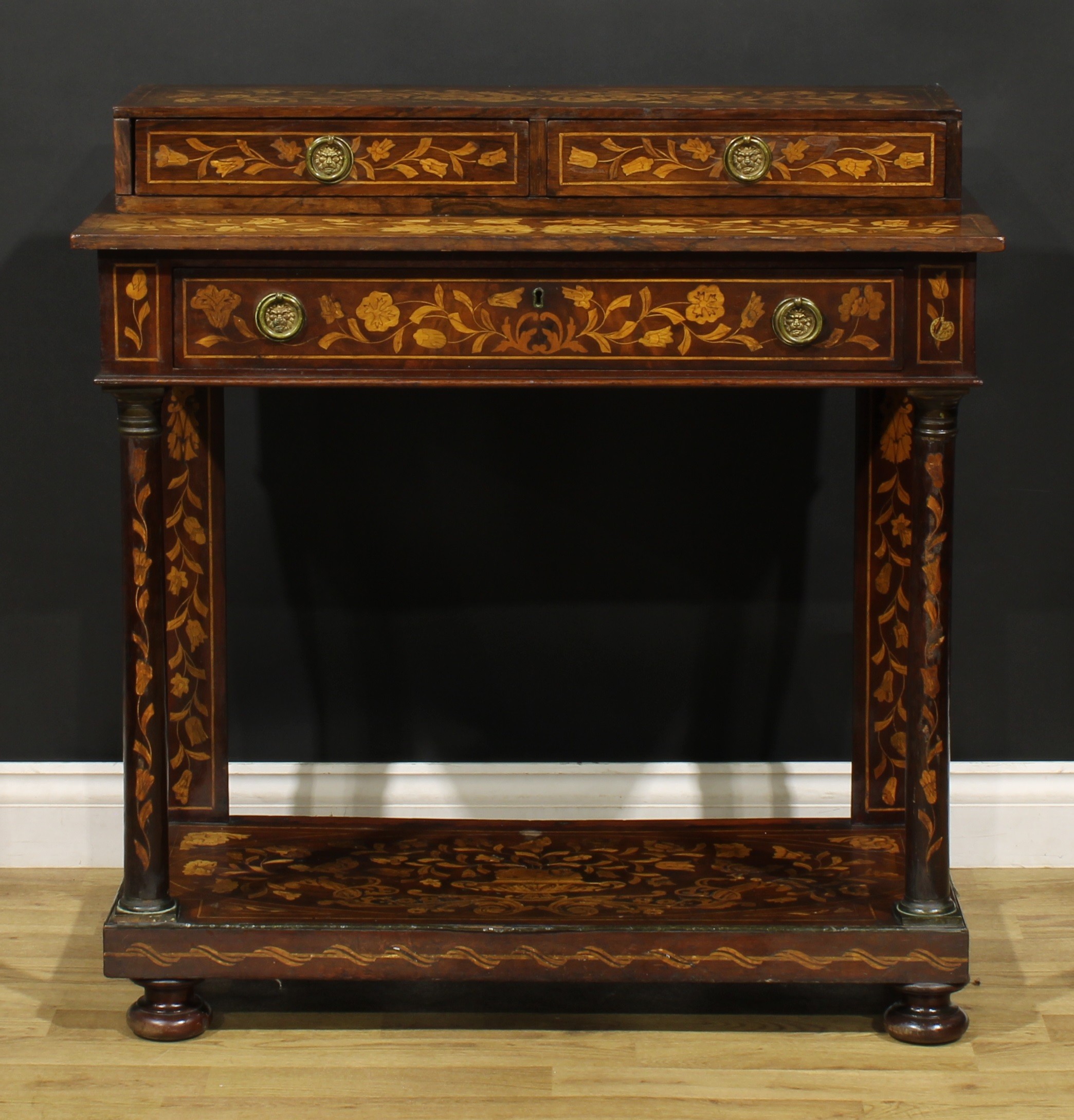 A 19th century Dutch marquetry pier table, rectangular superstructure with a pair of short - Image 2 of 6