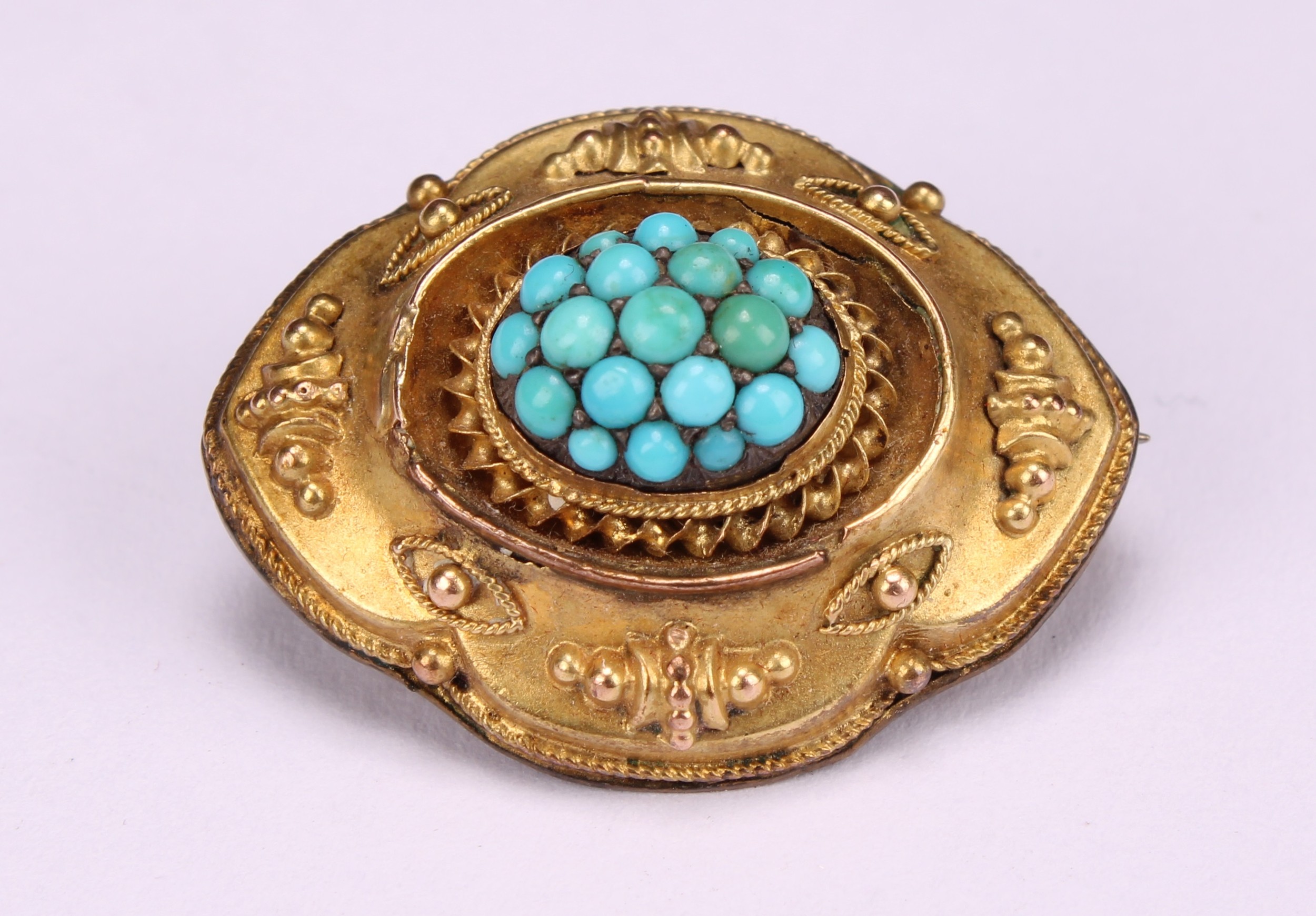 A Victorian yellow metal turquoise target brooch, lobbed oval form, turquoise cabochon beaded - Image 3 of 6