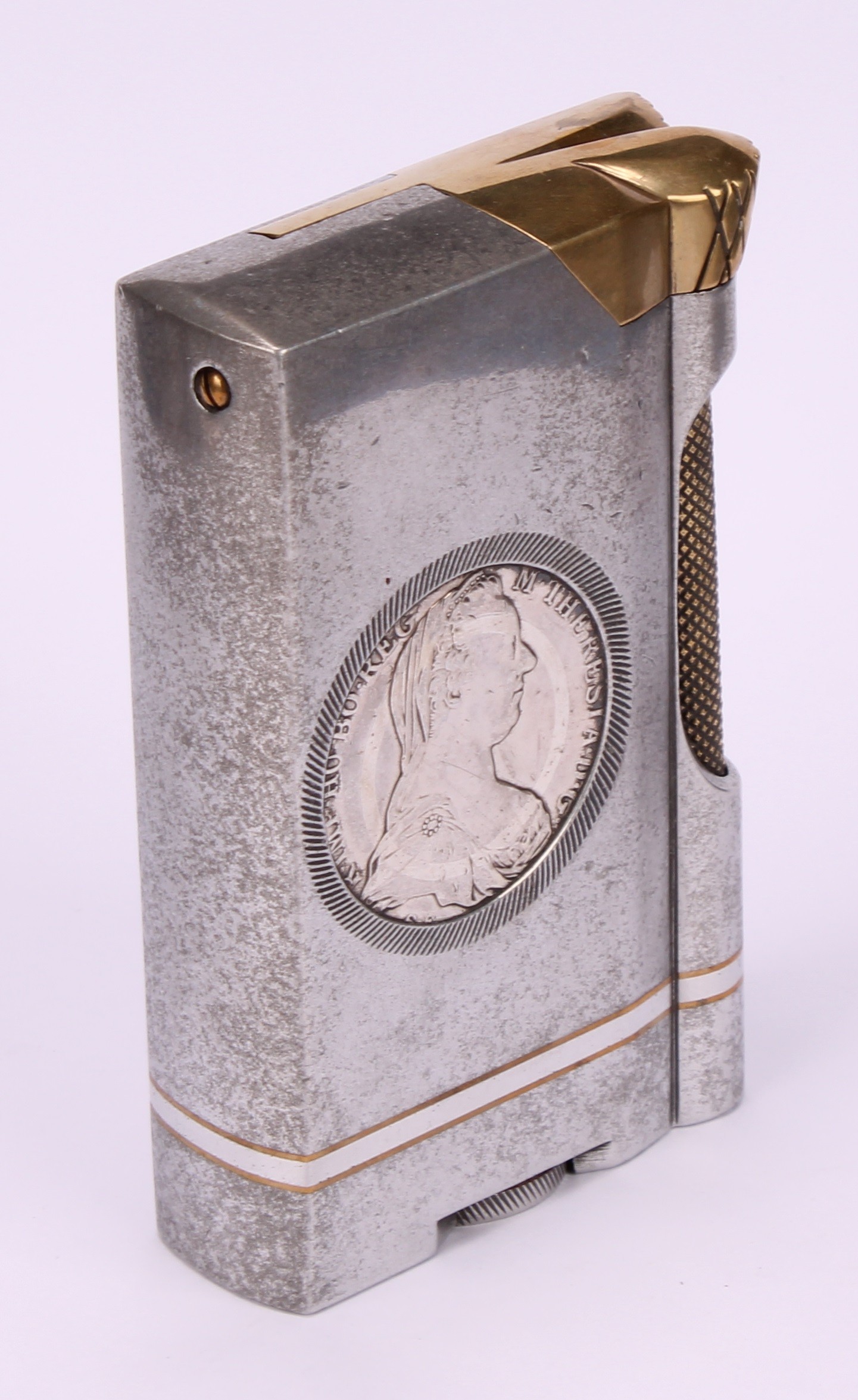 An unusual Trench Art style aluminium and brass table lighter, inset with two Austrian silver - Image 3 of 5