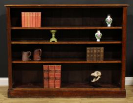A Victorian mahogany and pine open bookcase, adjustable shelves, plinth base, 121cm high, 157cm